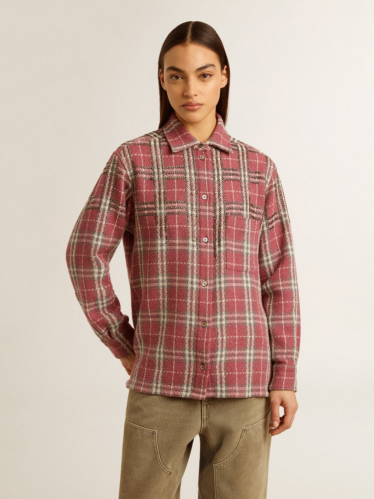 Women's shirt with pink, sand and gray check embroidery - Golden Goose Women