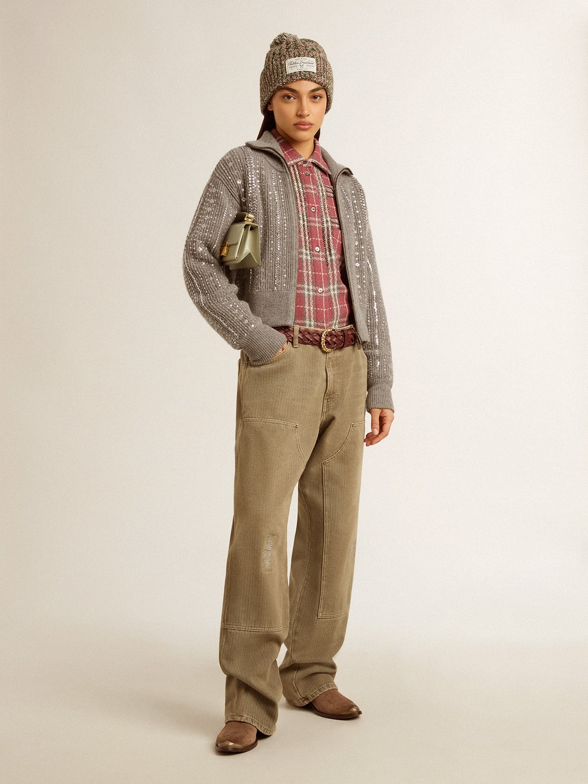Women's shirt with pink, sand and gray check embroidery - Golden Goose Women