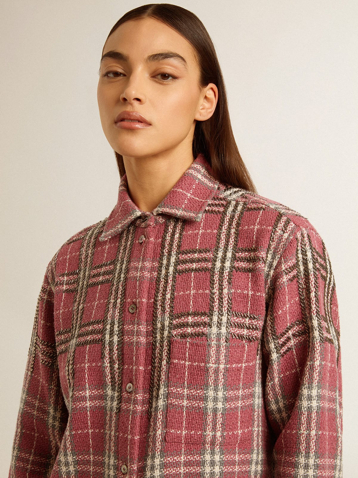 Women's shirt with pink, sand and gray check embroidery - Golden Goose Women