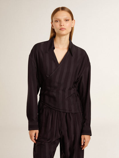 Women's black shirt with vertical stripes and side knot closure - Golden Goose Women
