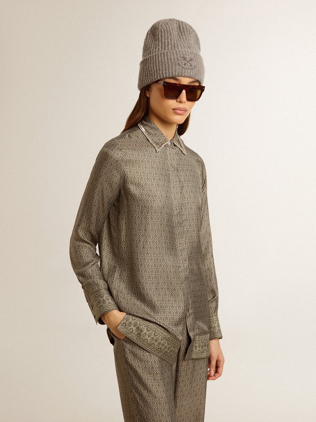 Women's green viscose-blend silk shirt with floral pattern - Golden Goose Women