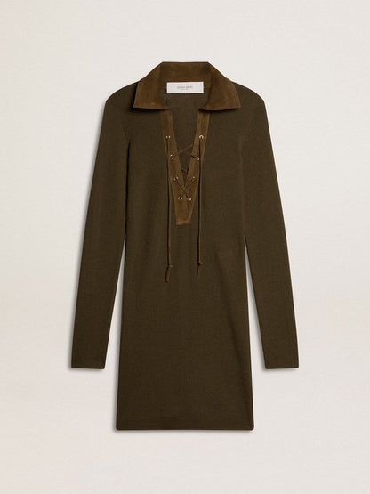 Military green wool mini dress with leather details - Golden Goose Women