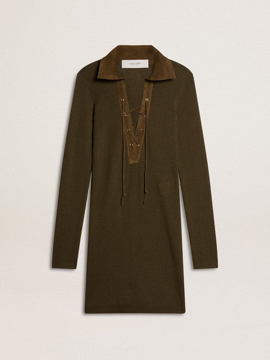 Military green wool mini dress with leather details - Golden Goose Women