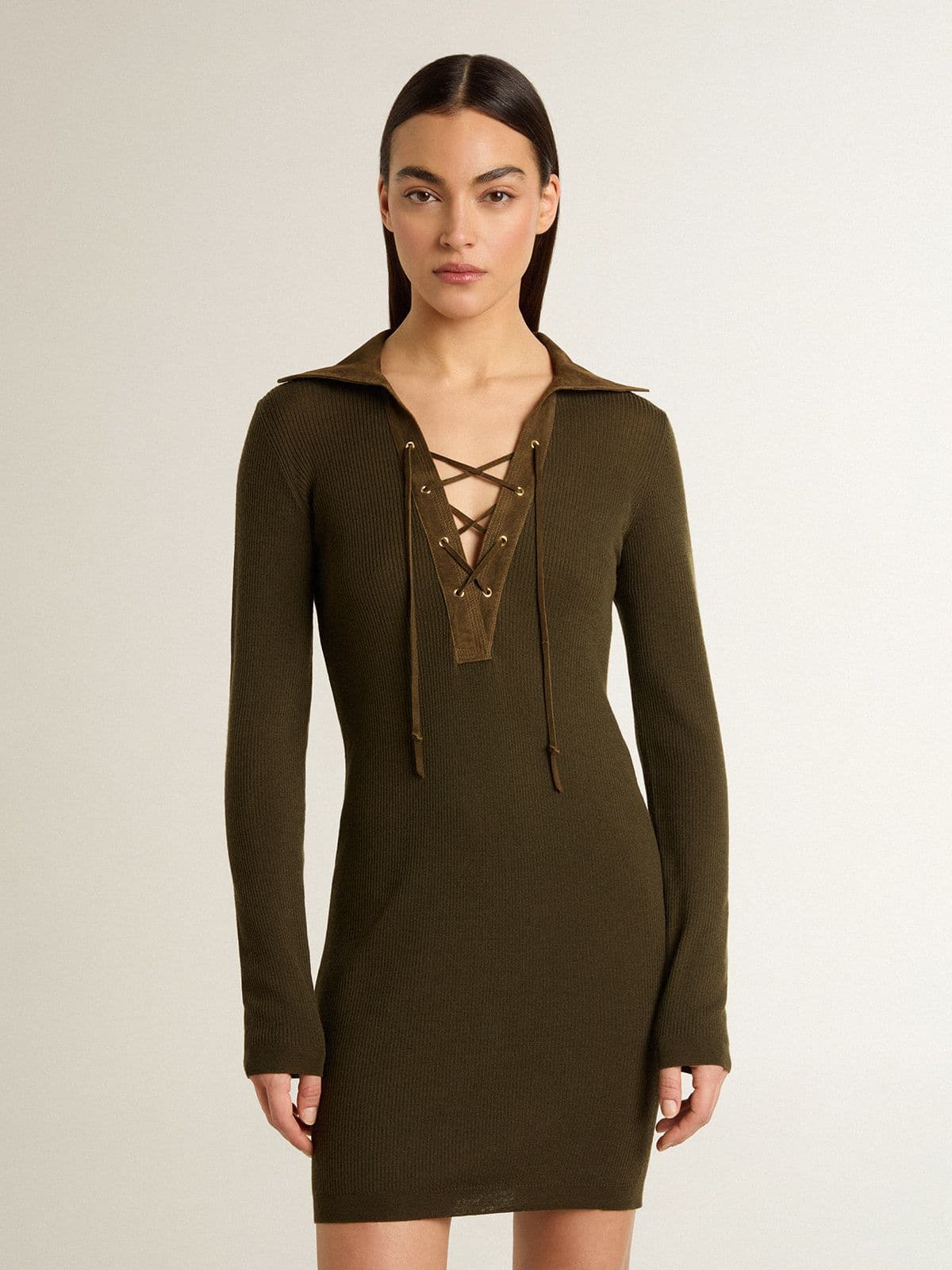 Military green wool mini dress with leather details - Golden Goose Women