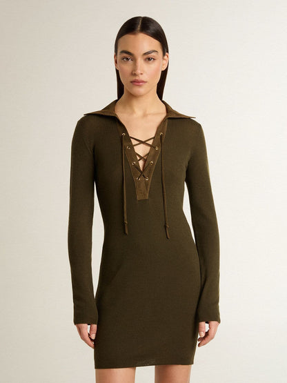 Military green wool mini dress with leather details - Golden Goose Women