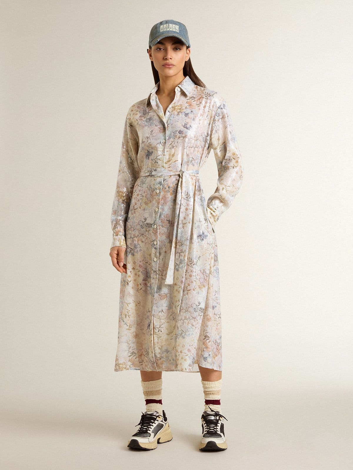 Women's shirt dress with multicolor sequined floral print - Golden Goose Women