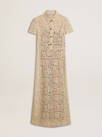Women's midi dress in cream-colored see-through lace - Golden Goose Women