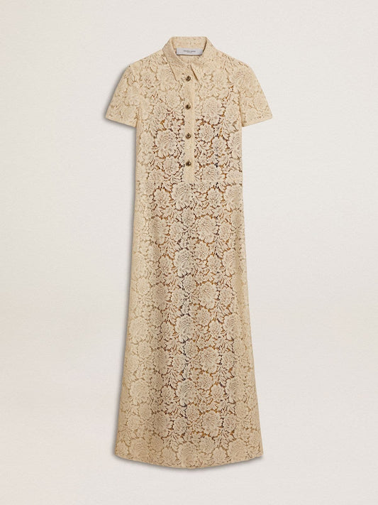 Women's midi dress in cream-colored see-through lace - Golden Goose Women