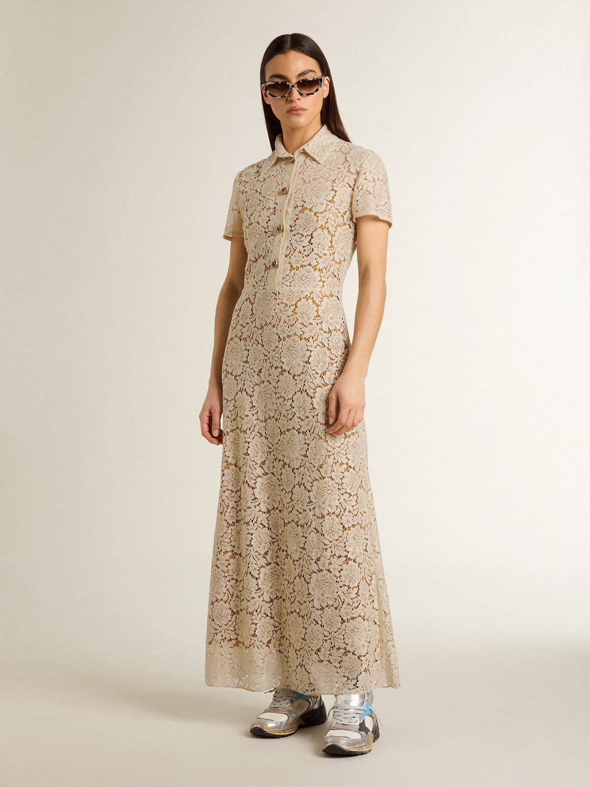 Women's midi dress in cream-colored see-through lace - Golden Goose Women