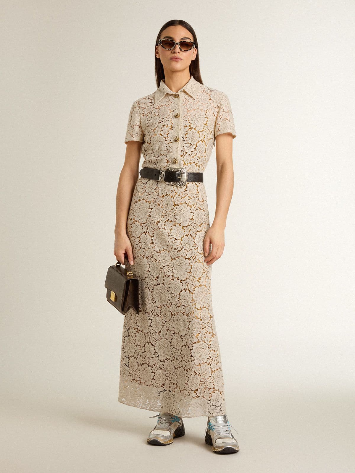 Women's midi dress in cream-colored see-through lace - Golden Goose Women