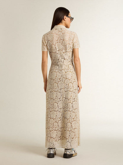 Women's midi dress in cream-colored see-through lace - Golden Goose Women