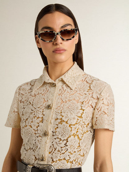 Women's midi dress in cream-colored see-through lace - Golden Goose Women