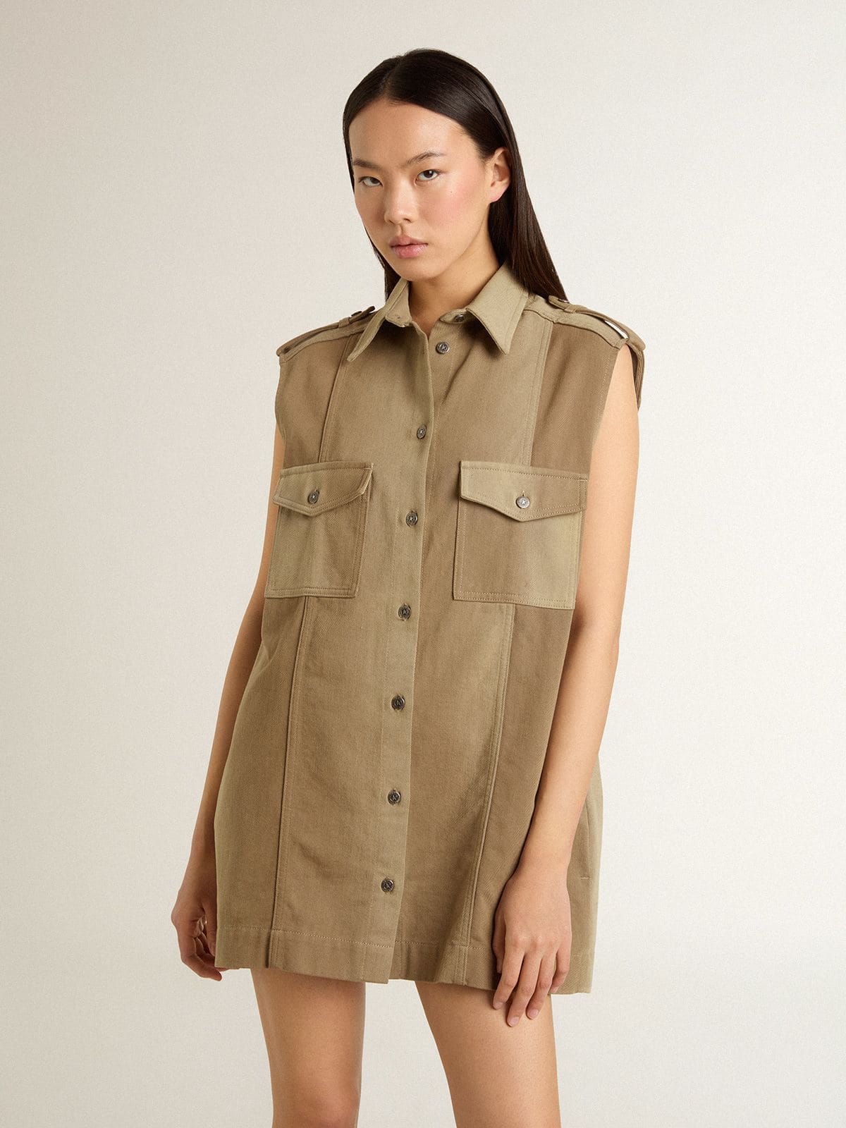 Women's shirt dress in sand-colored denim with military details - Golden Goose Women
