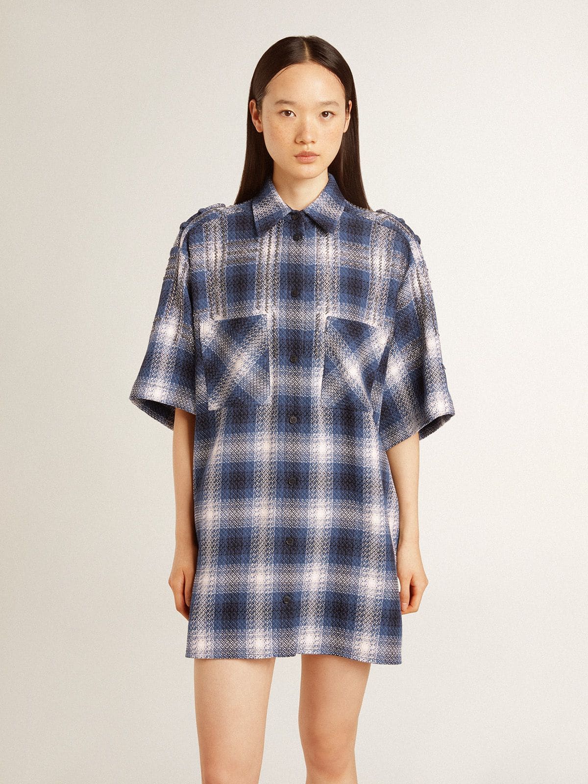 Women's short shirt dress with 3D checkerboard pattern and embroidery - Golden Goose Women