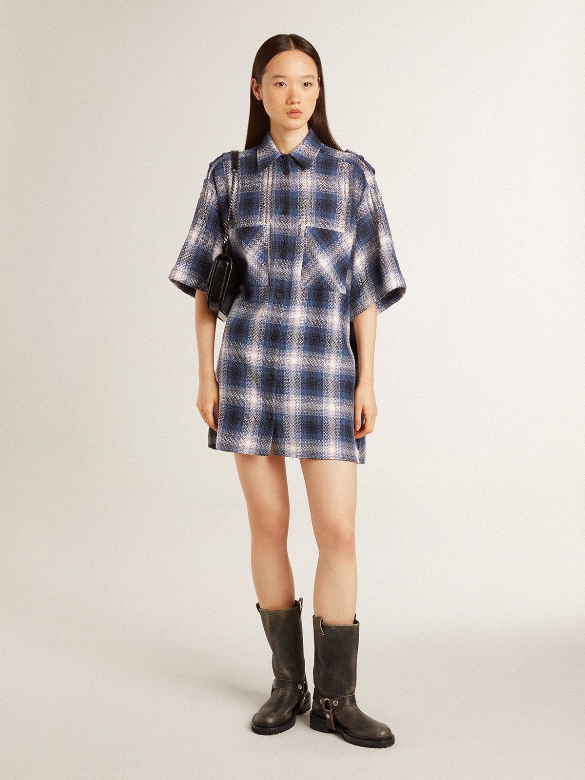 Women's short shirt dress with 3D checkerboard pattern and embroidery - Golden Goose Women