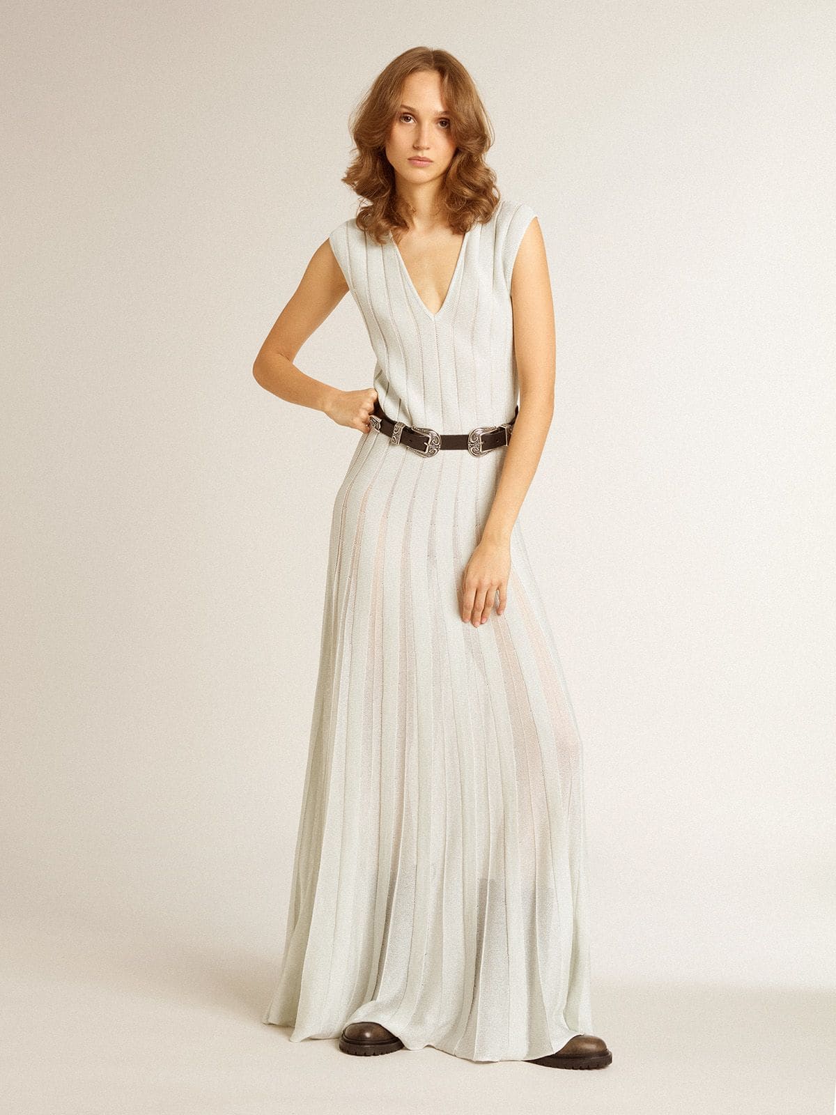 Women’s baby blue dress with vertical striped pattern - Golden Goose Women