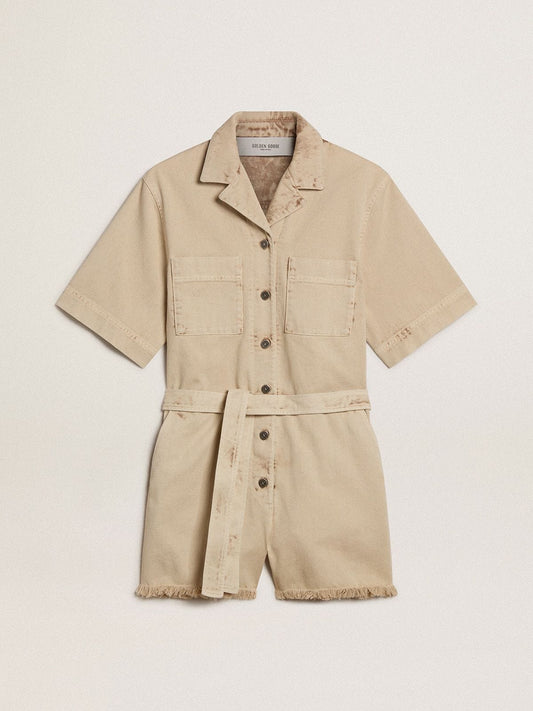 Women's romper in beige denim with belt and frayed hem - Golden Goose Women