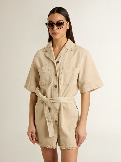 Women's romper in beige denim with belt and frayed hem - Golden Goose Women