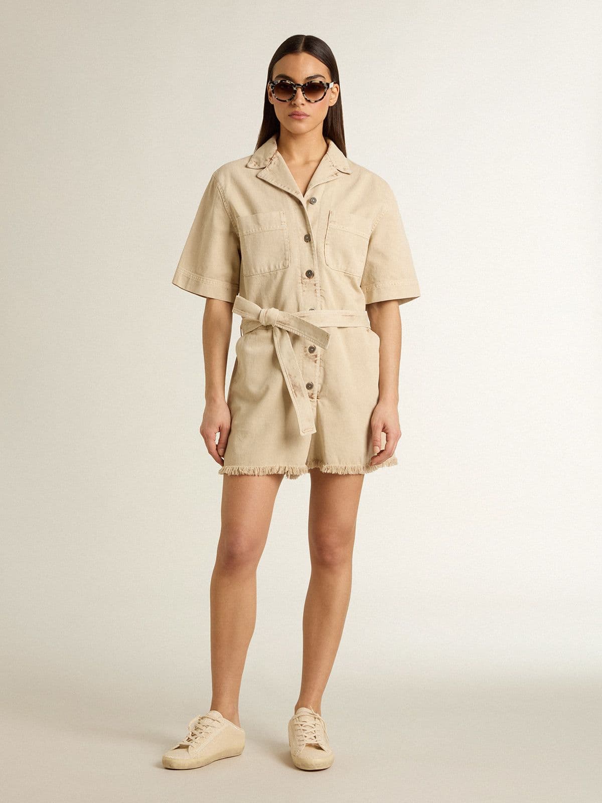 Women's romper in beige denim with belt and frayed hem - Golden Goose Women