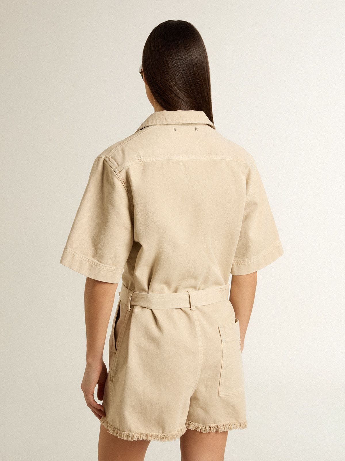 Women's romper in beige denim with belt and frayed hem - Golden Goose Women