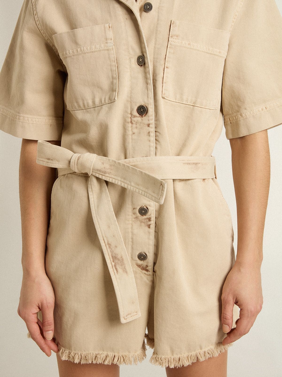 Women's romper in beige denim with belt and frayed hem - Golden Goose Women