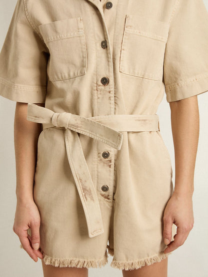 Women's romper in beige denim with belt and frayed hem - Golden Goose Women
