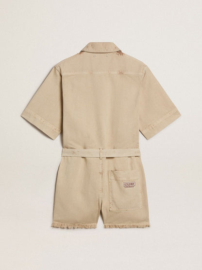 Women's romper in beige denim with belt and frayed hem - Golden Goose Women