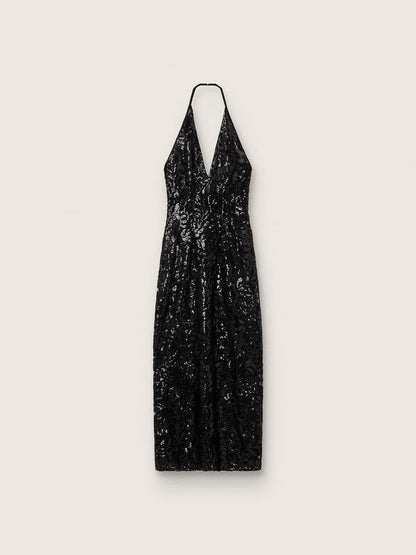 Women's long dress in tulle with floral embroidery in black sequins - Golden Goose Women