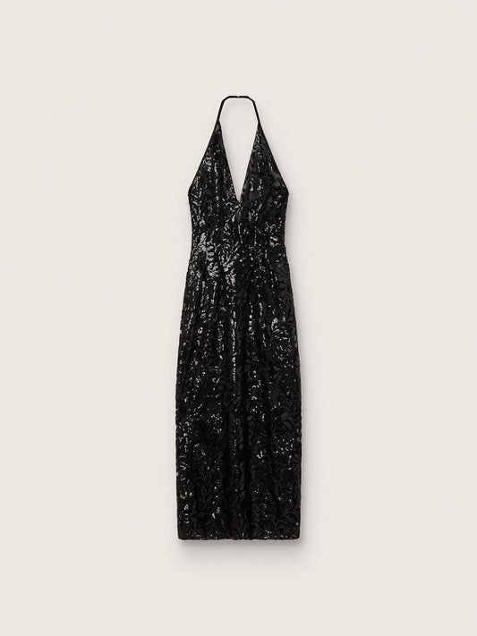 Women's long dress in tulle with floral embroidery in black sequins - Golden Goose Women