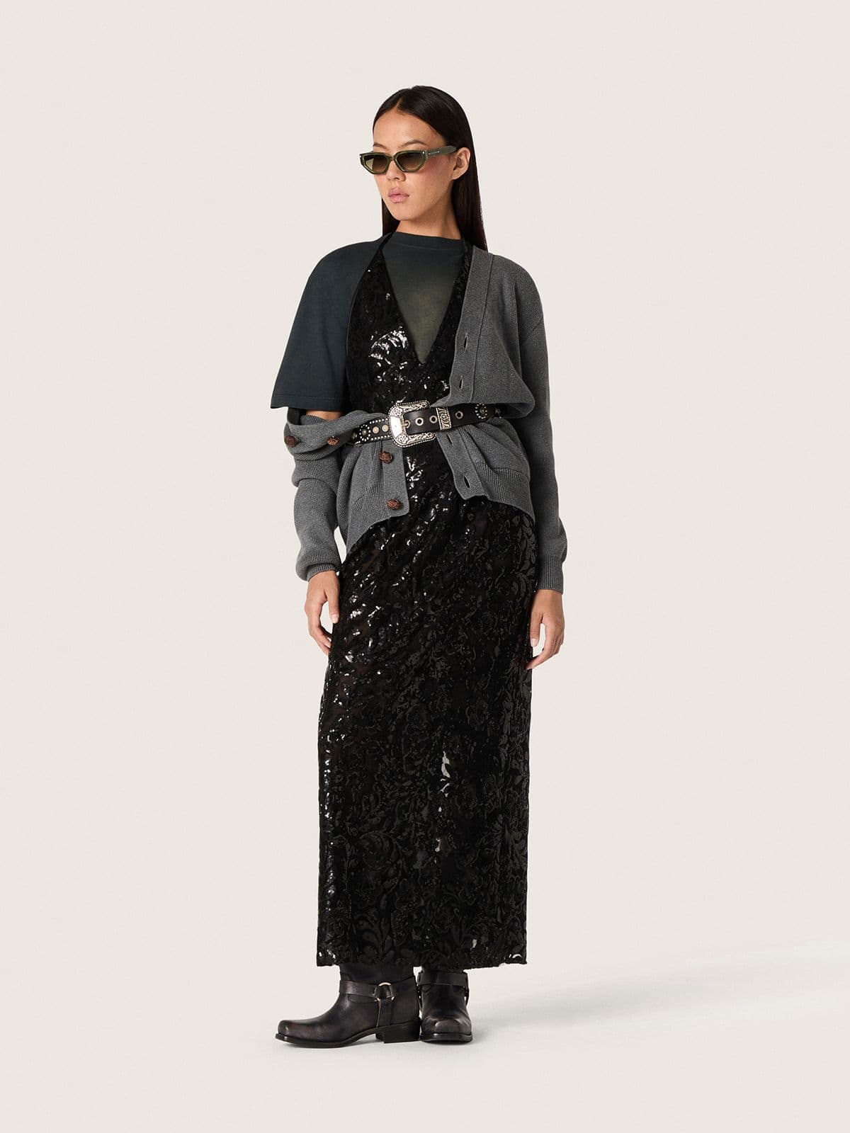 Women's long dress in tulle with floral embroidery in black sequins - Golden Goose Women