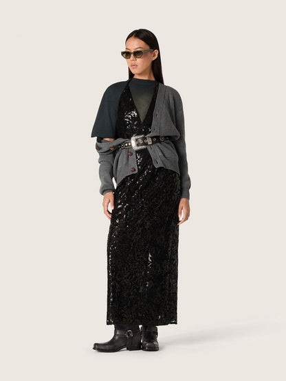 Women's long dress in tulle with floral embroidery in black sequins - Golden Goose Women