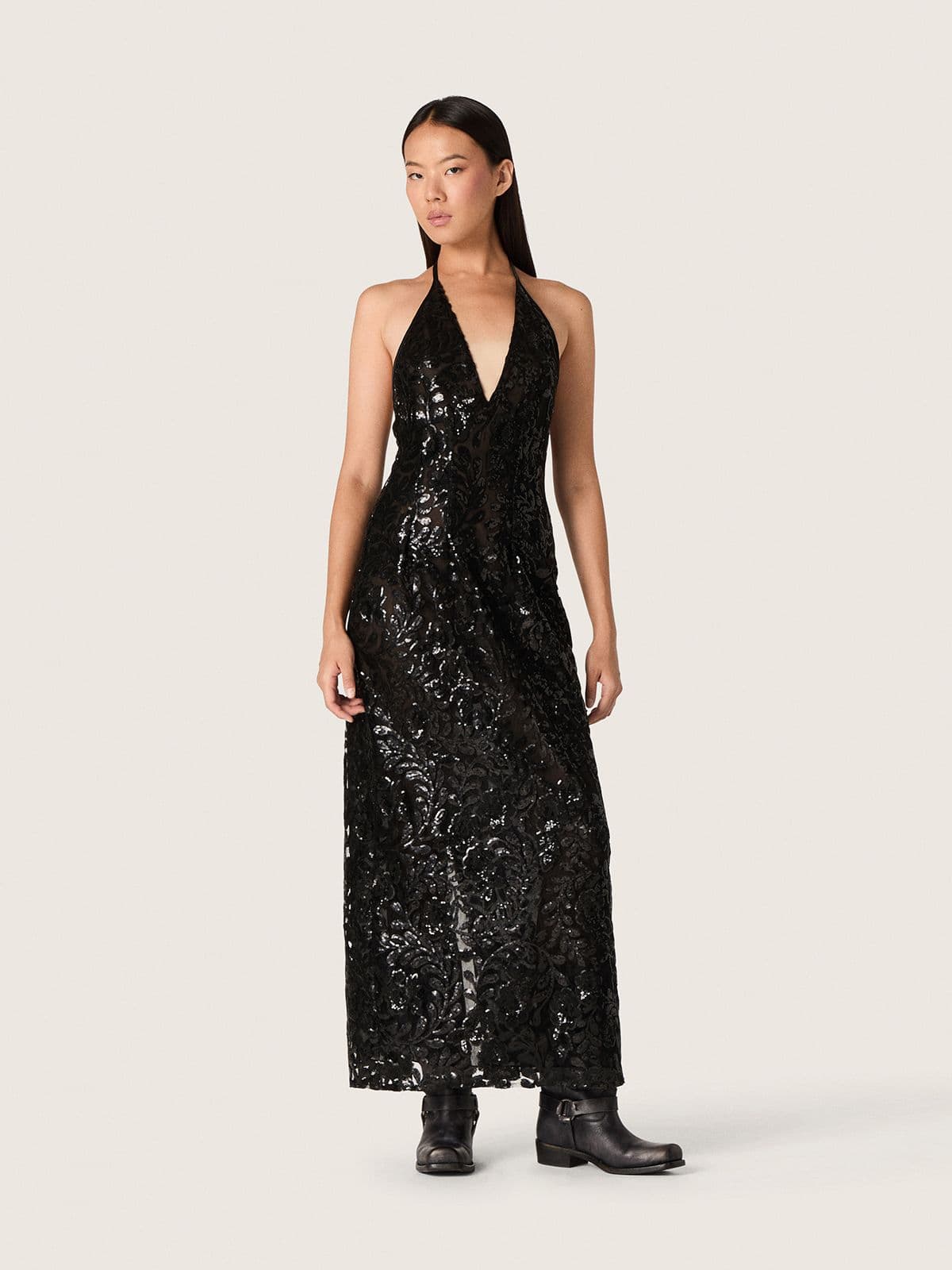 Women's long dress in tulle with floral embroidery in black sequins - Golden Goose Women