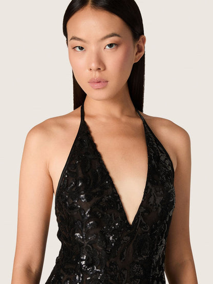 Women's long dress in tulle with floral embroidery in black sequins - Golden Goose Women