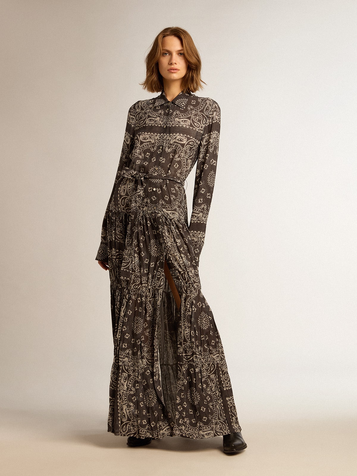 Anthracite-gray shirt dress with paisley print - Golden Goose Women