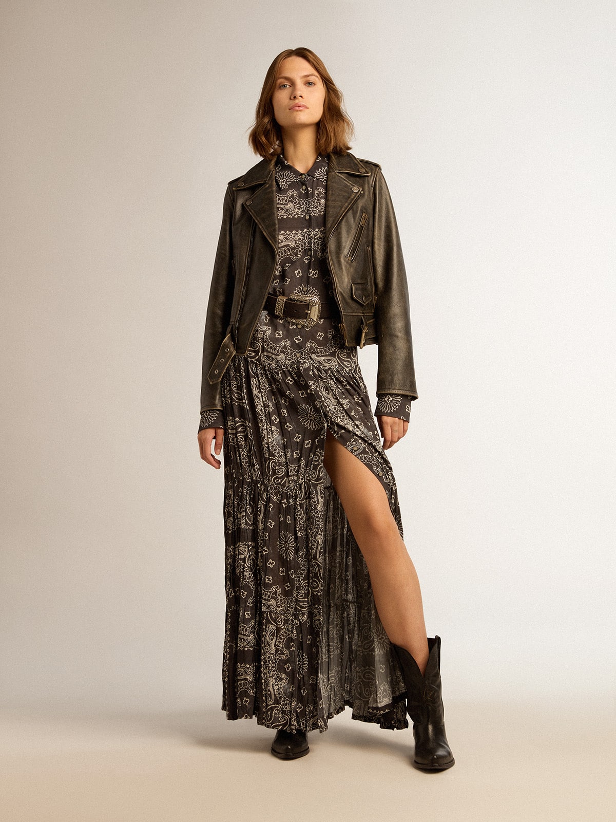 Anthracite-gray shirt dress with paisley print - Golden Goose Women