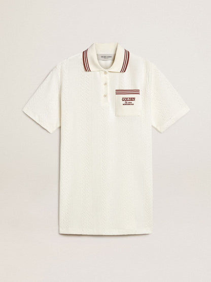 Women's Oasis polo dress in white perforated jersey with burgundy stripes - Golden Goose Women