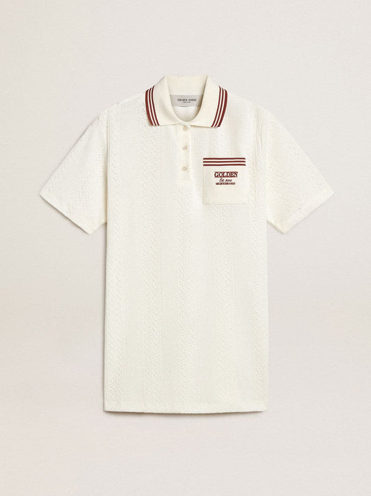 Women's Oasis polo dress in white perforated jersey with burgundy stripes - Golden Goose Women