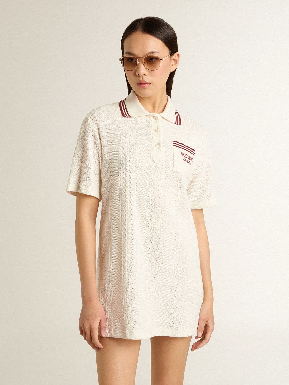 Women's Oasis polo dress in white perforated jersey with burgundy stripes - Golden Goose Women
