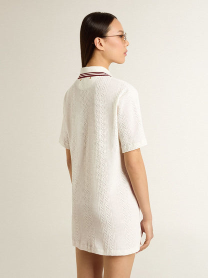 Women's Oasis polo dress in white perforated jersey with burgundy stripes - Golden Goose Women