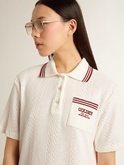 Women's Oasis polo dress in white perforated jersey with burgundy stripes - Golden Goose Women