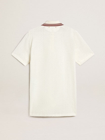 Women's Oasis polo dress in white perforated jersey with burgundy stripes - Golden Goose Women