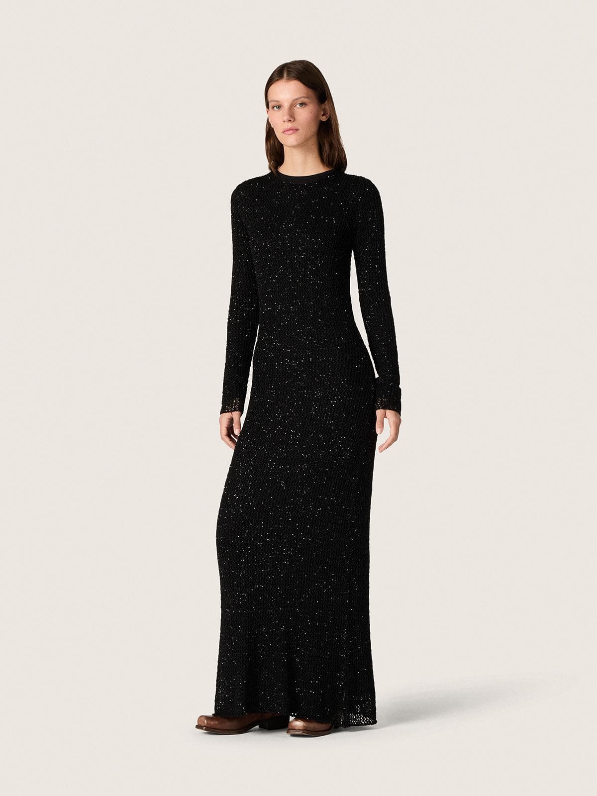 Women's long dress in black mesh with black sequins - Golden Goose Women