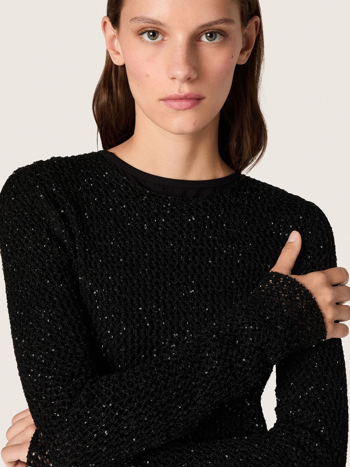 Women's long dress in black mesh with black sequins - Golden Goose Women