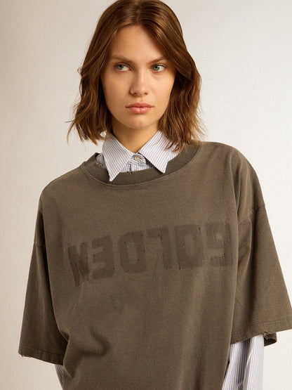 Women's gray T-shirt dress with distressed treatment - Golden Goose Women