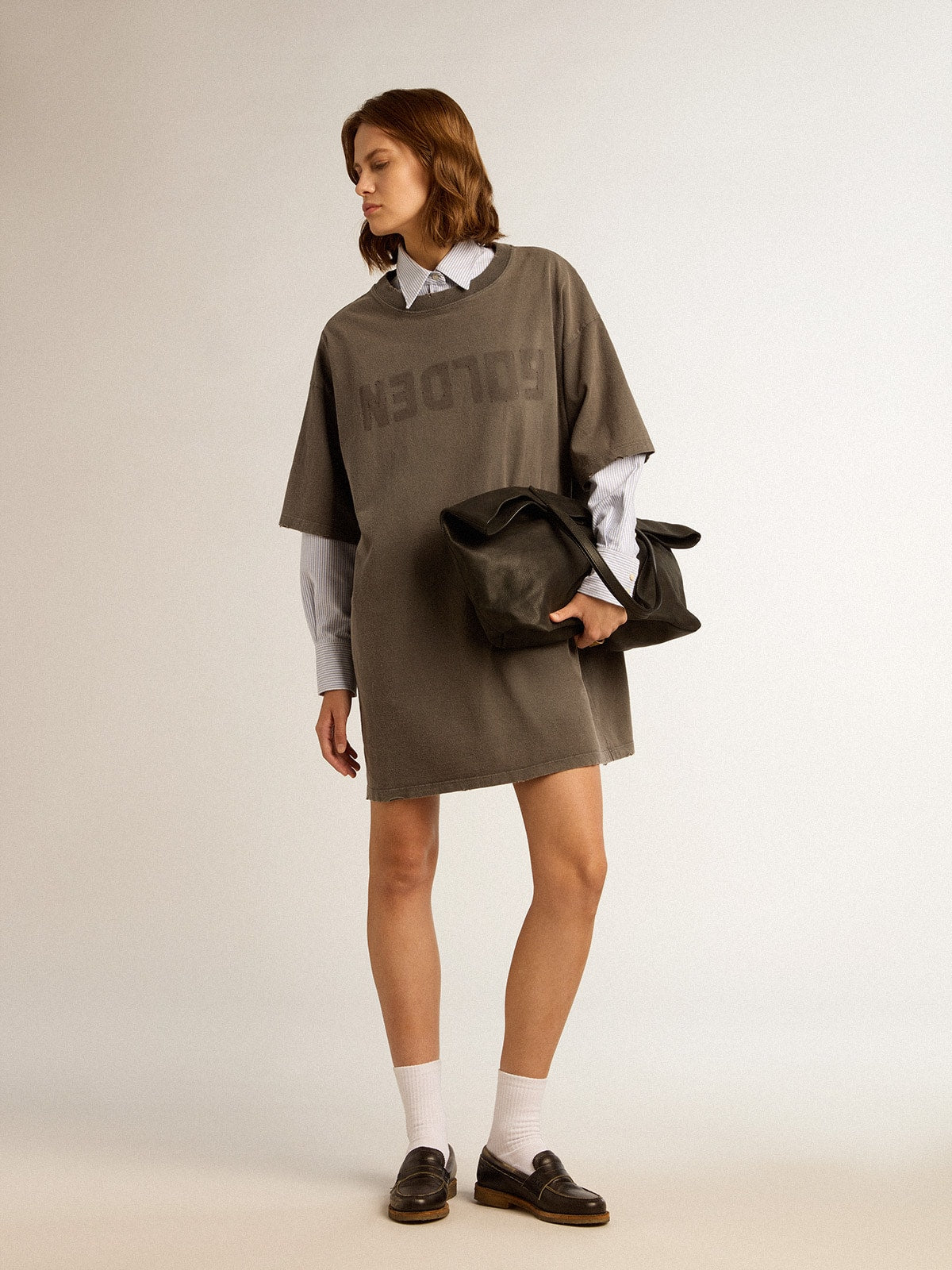 Women's gray T-shirt dress with distressed treatment - Golden Goose Women