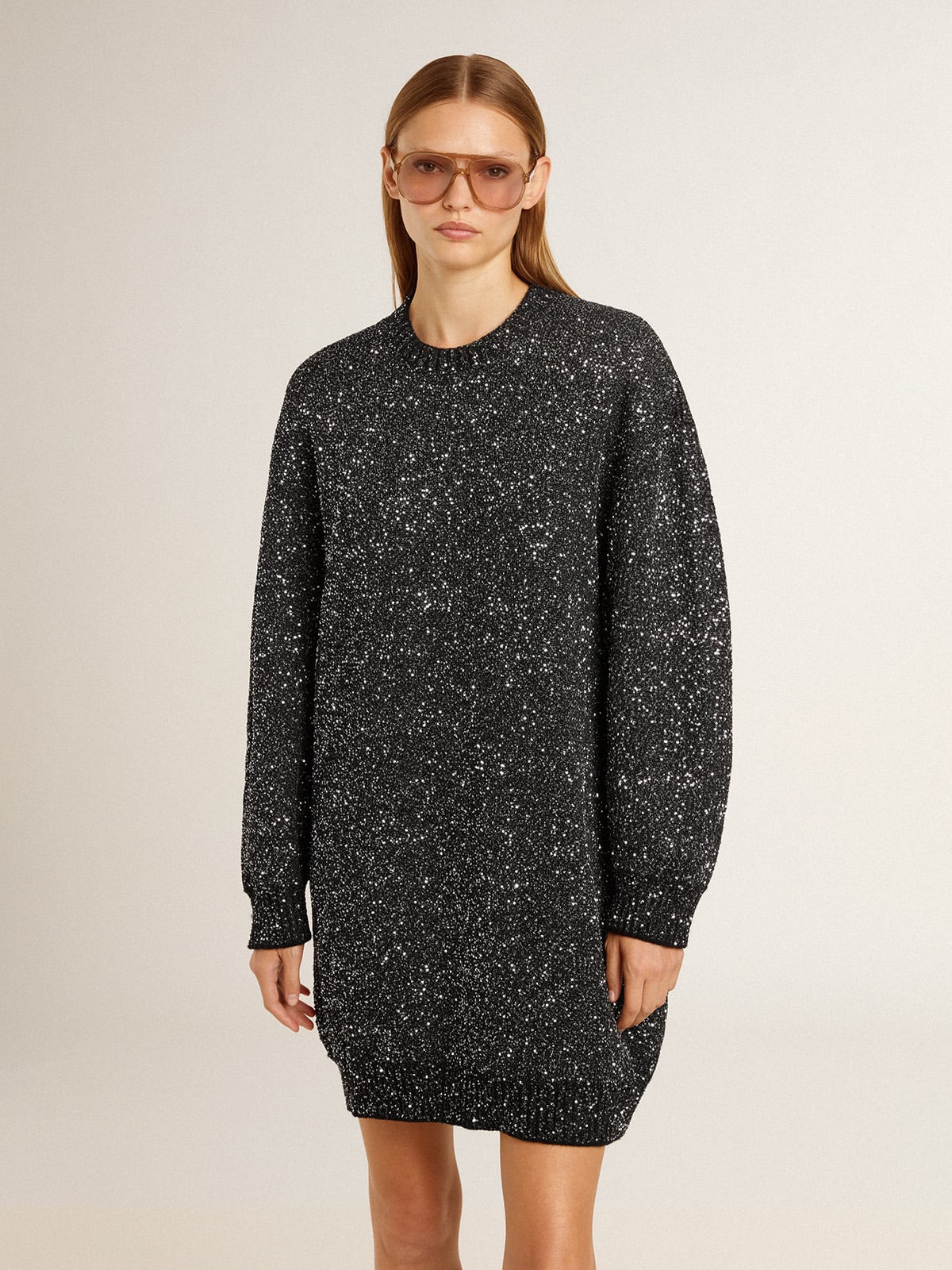 Women's black crew neck dress with all-over silver sequins - Golden Goose Women