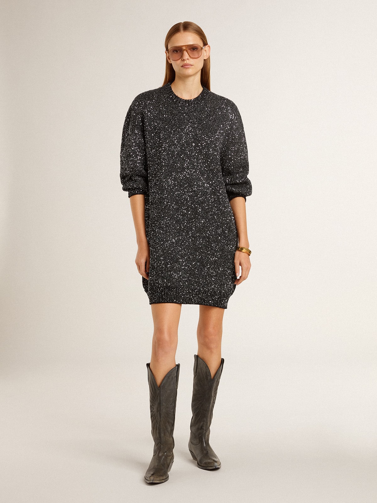 Women's black crew neck dress with all-over silver sequins - Golden Goose Women