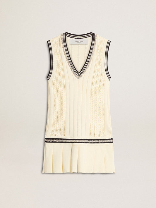 Women's worn-white cotton vest dress with dark blue ribbing and crystals - Golden Goose Women