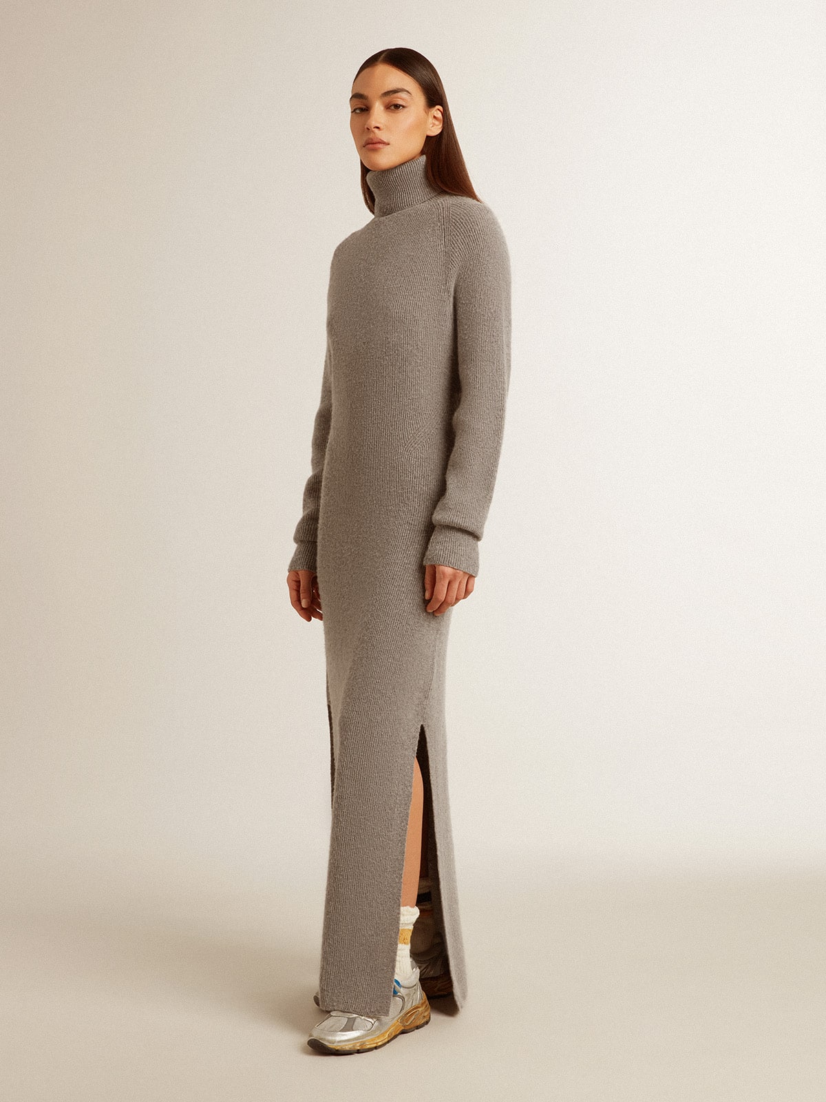 Gray melange ribbed woolen dress with high neck - Golden Goose Women