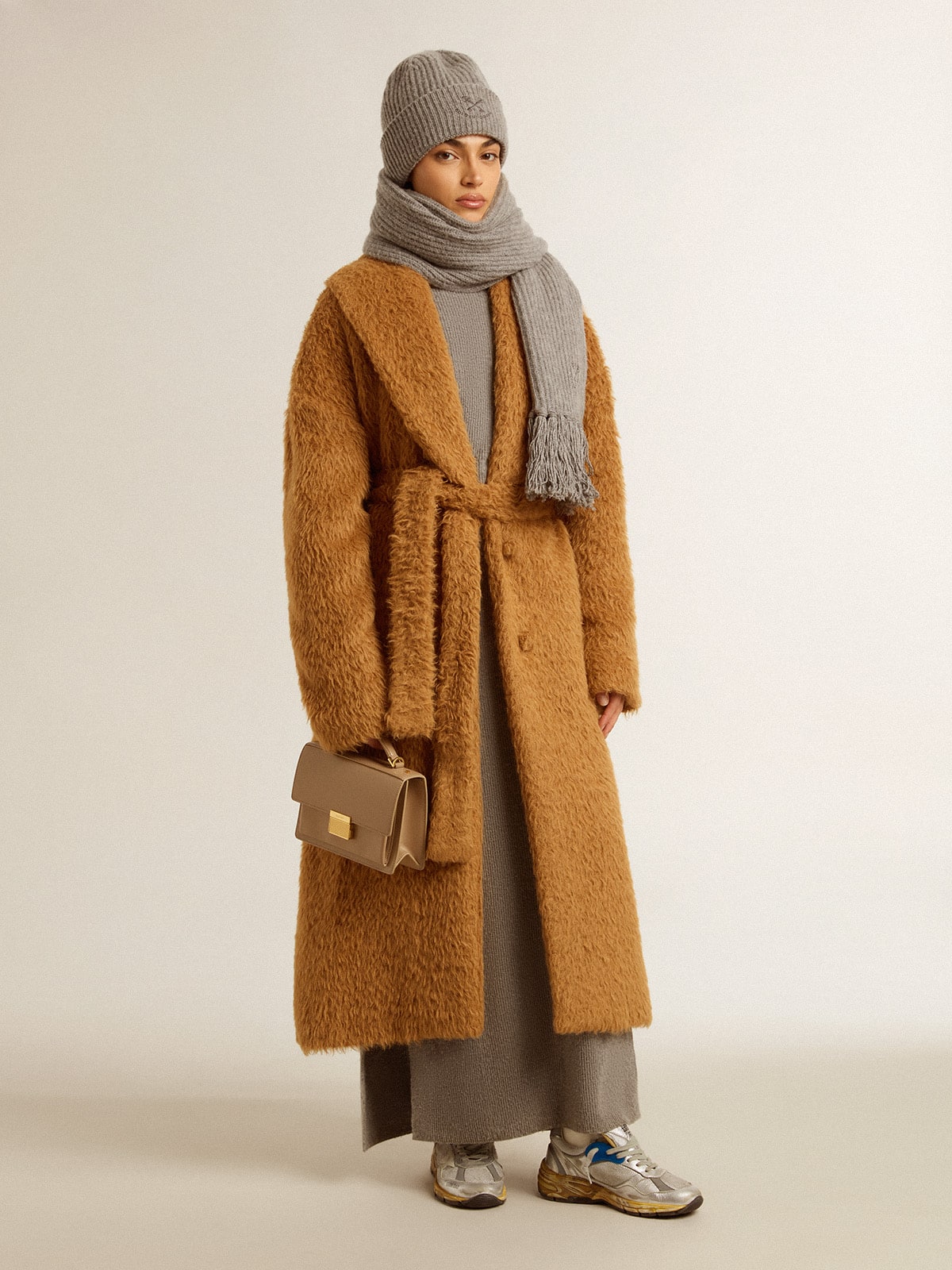 Gray melange ribbed woolen dress with high neck - Golden Goose Women